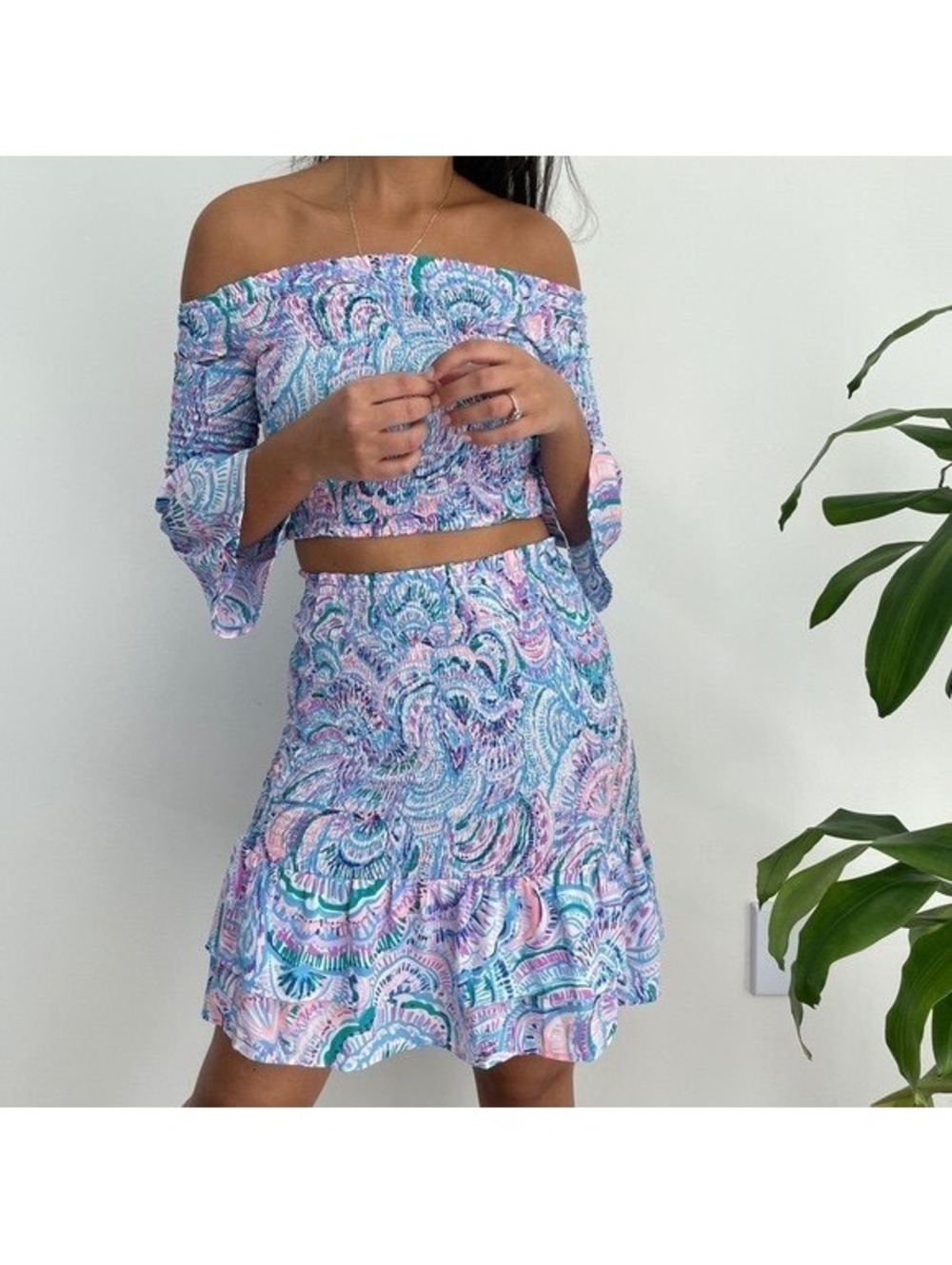 Lilly Pulitzer Dani Skirt Patch Me If You Can Blue Pink Floral Smocked XS